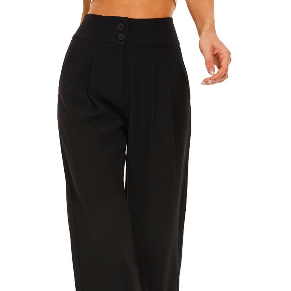 DECIVI Women's Double Button High Waist Wide Leg Pleated Pants Work Casual